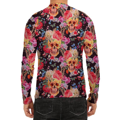 Blossom Peony Skull Pattern Print Men's Long Sleeve Rash Guard