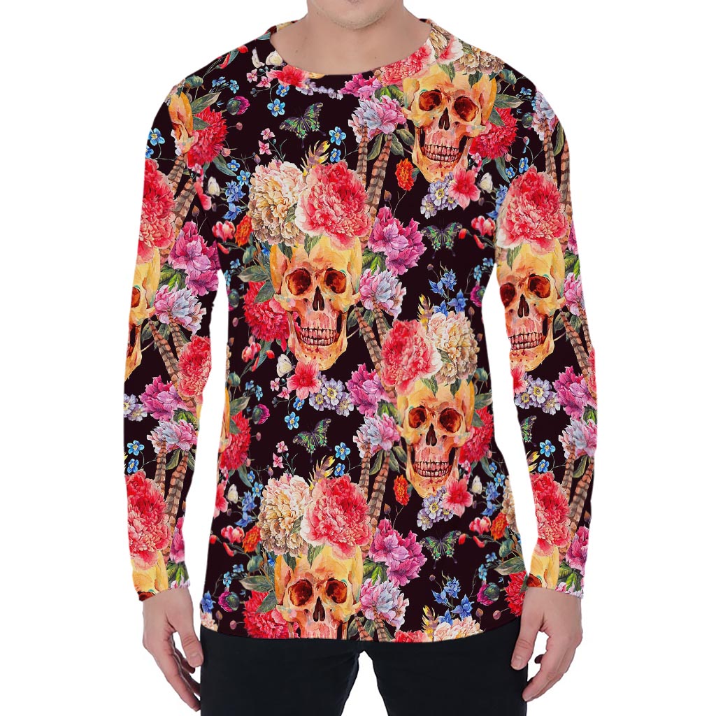 Blossom Peony Skull Pattern Print Men's Long Sleeve T-Shirt