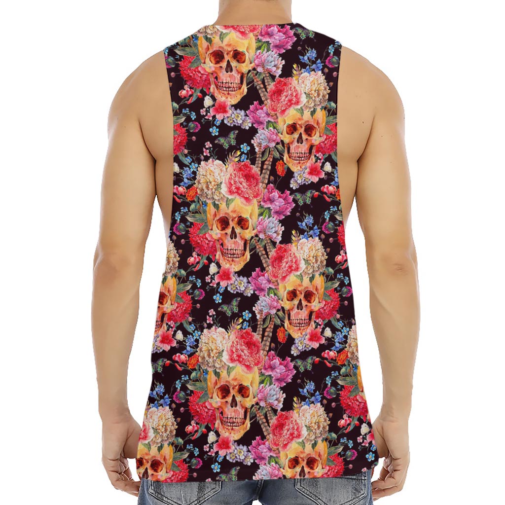 Blossom Peony Skull Pattern Print Men's Muscle Tank Top