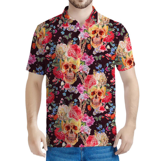 Blossom Peony Skull Pattern Print Men's Polo Shirt
