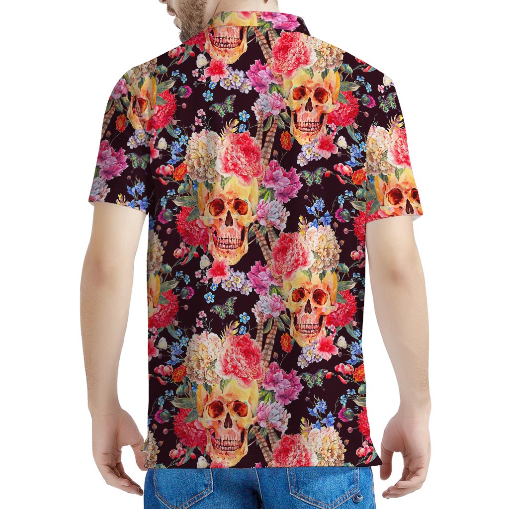 Blossom Peony Skull Pattern Print Men's Polo Shirt