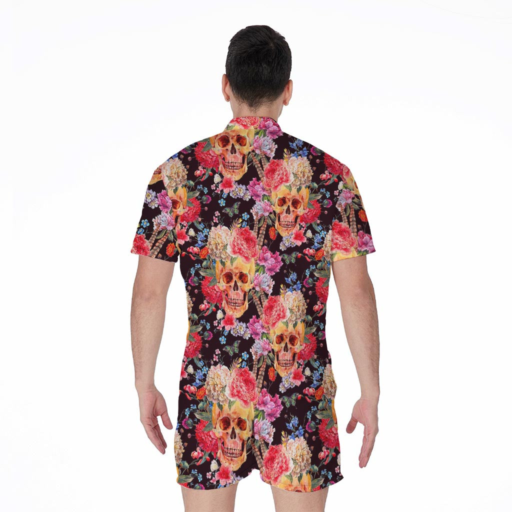 Blossom Peony Skull Pattern Print Men's Rompers