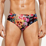 Blossom Peony Skull Pattern Print Men's Swim Briefs