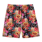 Blossom Peony Skull Pattern Print Men's Swim Trunks