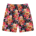 Blossom Peony Skull Pattern Print Men's Swim Trunks