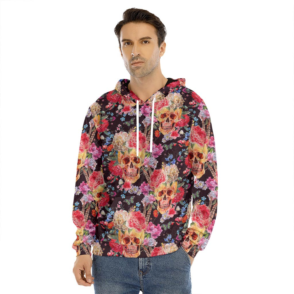 Blossom Peony Skull Pattern Print Men's Velvet Pullover Hoodie
