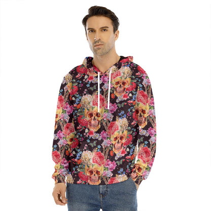 Blossom Peony Skull Pattern Print Men's Velvet Pullover Hoodie