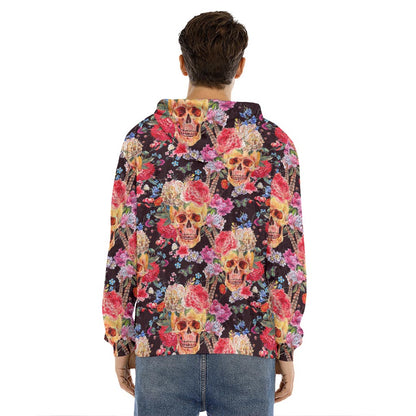 Blossom Peony Skull Pattern Print Men's Velvet Pullover Hoodie
