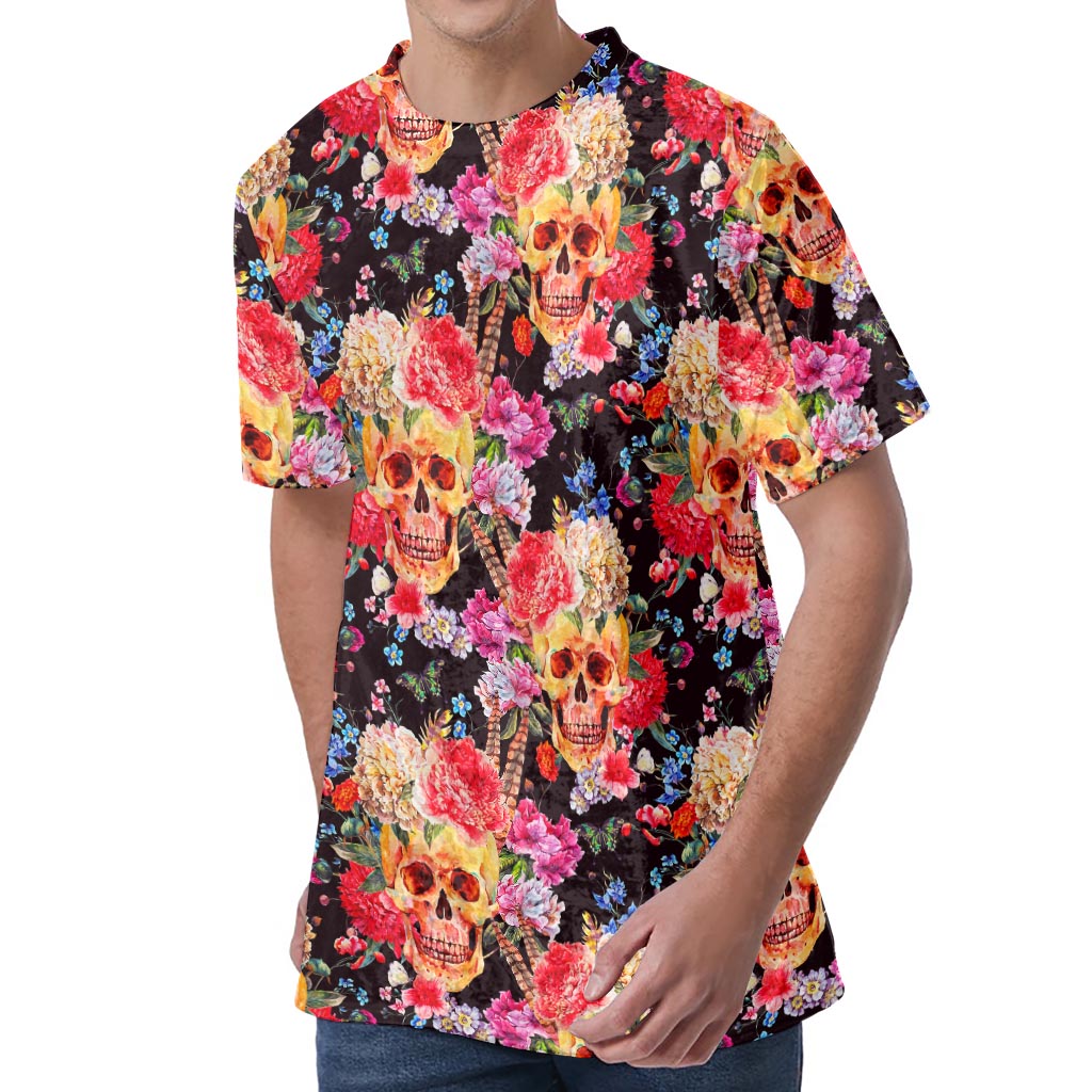 Blossom Peony Skull Pattern Print Men's Velvet T-Shirt