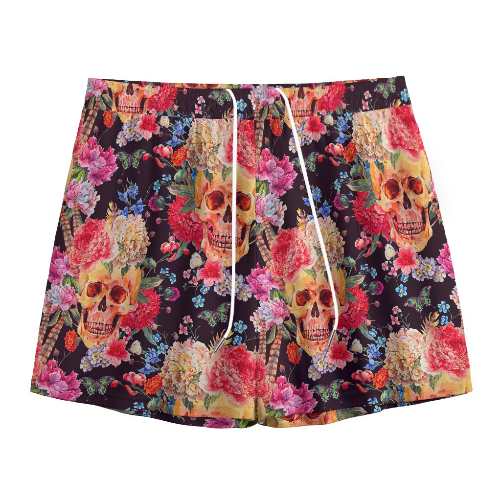 Blossom Peony Skull Pattern Print Mesh Shorts