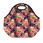 Blossom Peony Skull Pattern Print Neoprene Lunch Bag