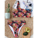 Blossom Peony Skull Pattern Print One Shoulder Bikini Top