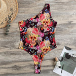 Blossom Peony Skull Pattern Print One Shoulder Bodysuit