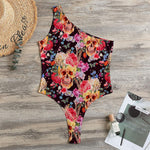 Blossom Peony Skull Pattern Print One Shoulder Bodysuit