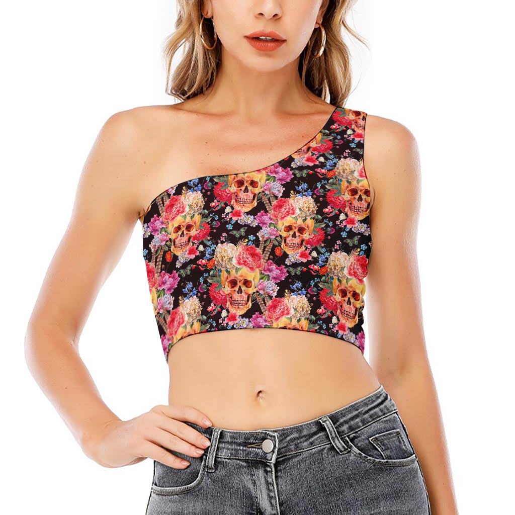 Blossom Peony Skull Pattern Print One Shoulder Crop Top