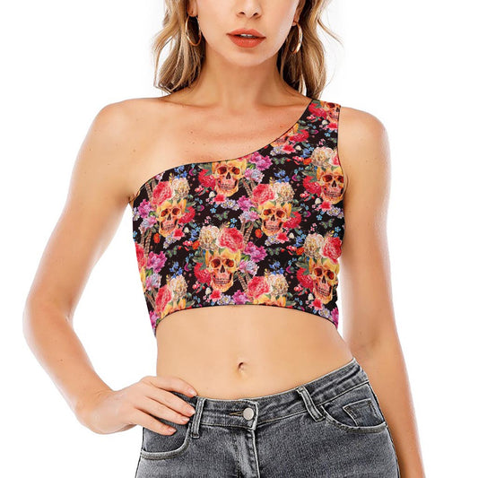 Blossom Peony Skull Pattern Print One Shoulder Crop Top