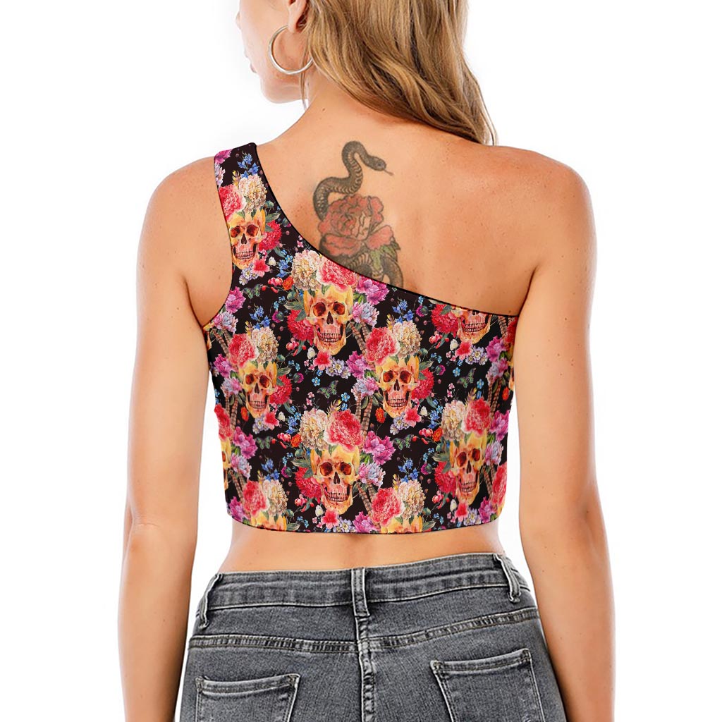 Blossom Peony Skull Pattern Print One Shoulder Crop Top