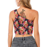 Blossom Peony Skull Pattern Print One Shoulder Crop Top