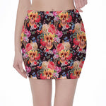 Blossom Peony Skull Pattern Print Pencil Mini Skirt