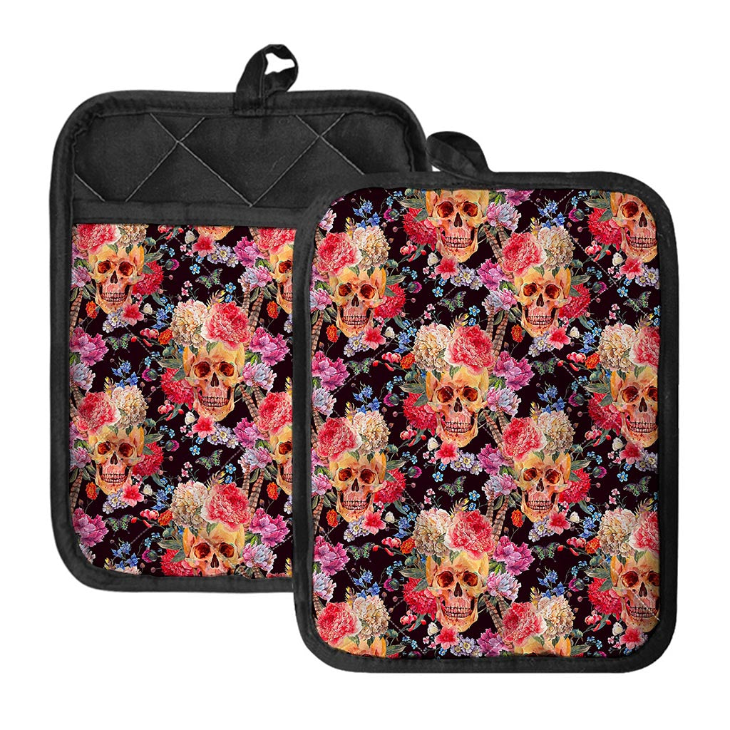 Blossom Peony Skull Pattern Print Pot Holders With Pocket