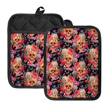 Blossom Peony Skull Pattern Print Pot Holders With Pocket