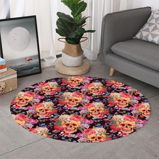 Blossom Peony Skull Pattern Print Round Rug