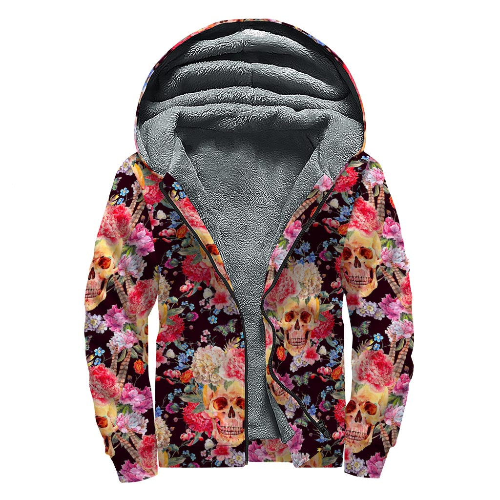 Blossom Peony Skull Pattern Print Sherpa Lined Zip Up Hoodie