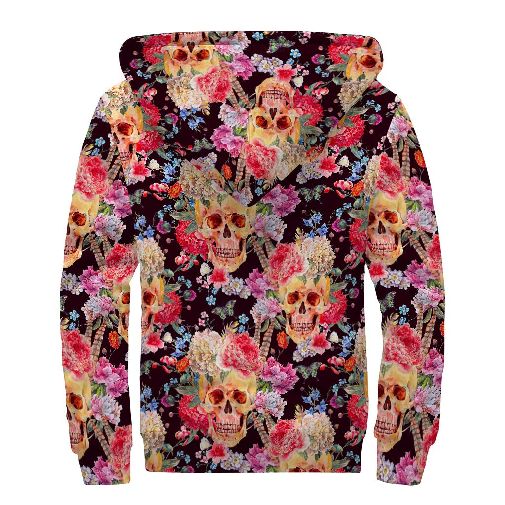 Blossom Peony Skull Pattern Print Sherpa Lined Zip Up Hoodie