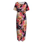 Blossom Peony Skull Pattern Print Short Sleeve Long Nightdress