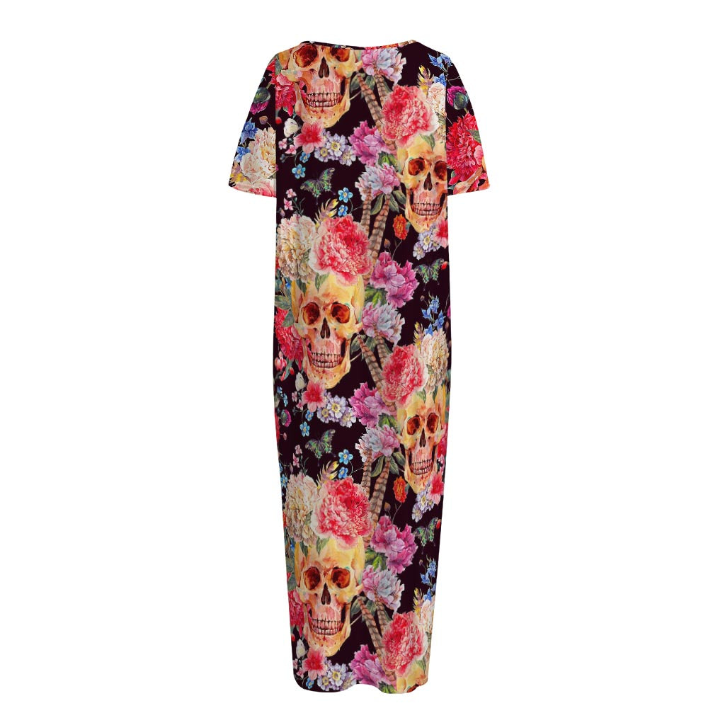 Blossom Peony Skull Pattern Print Short Sleeve Long Nightdress