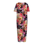 Blossom Peony Skull Pattern Print Short Sleeve Long Nightdress