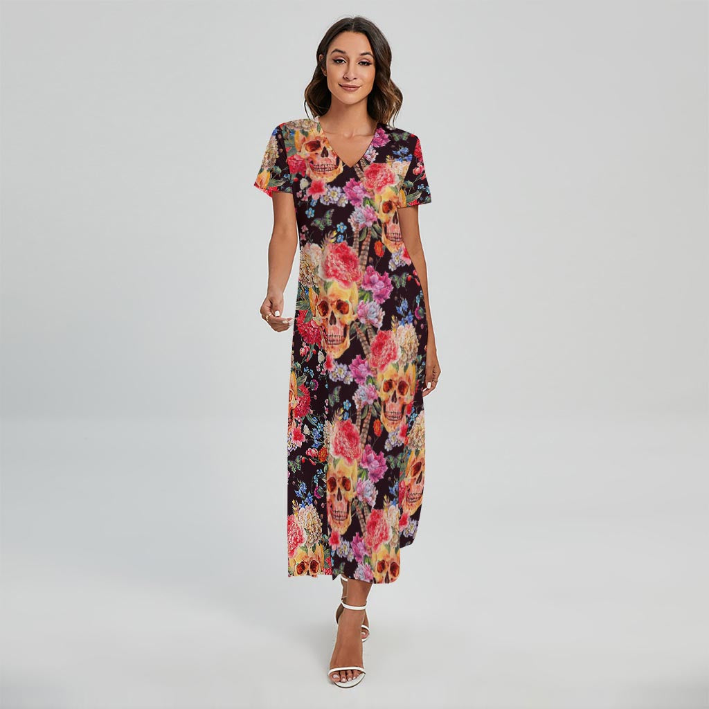 Blossom Peony Skull Pattern Print Short Sleeve Maxi Dress