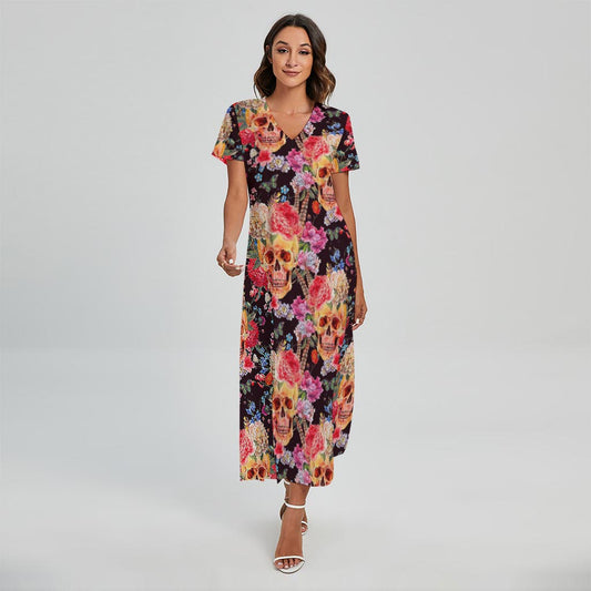 Blossom Peony Skull Pattern Print Short Sleeve Maxi Dress