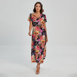 Blossom Peony Skull Pattern Print Short Sleeve Maxi Dress