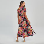 Blossom Peony Skull Pattern Print Short Sleeve Maxi Dress