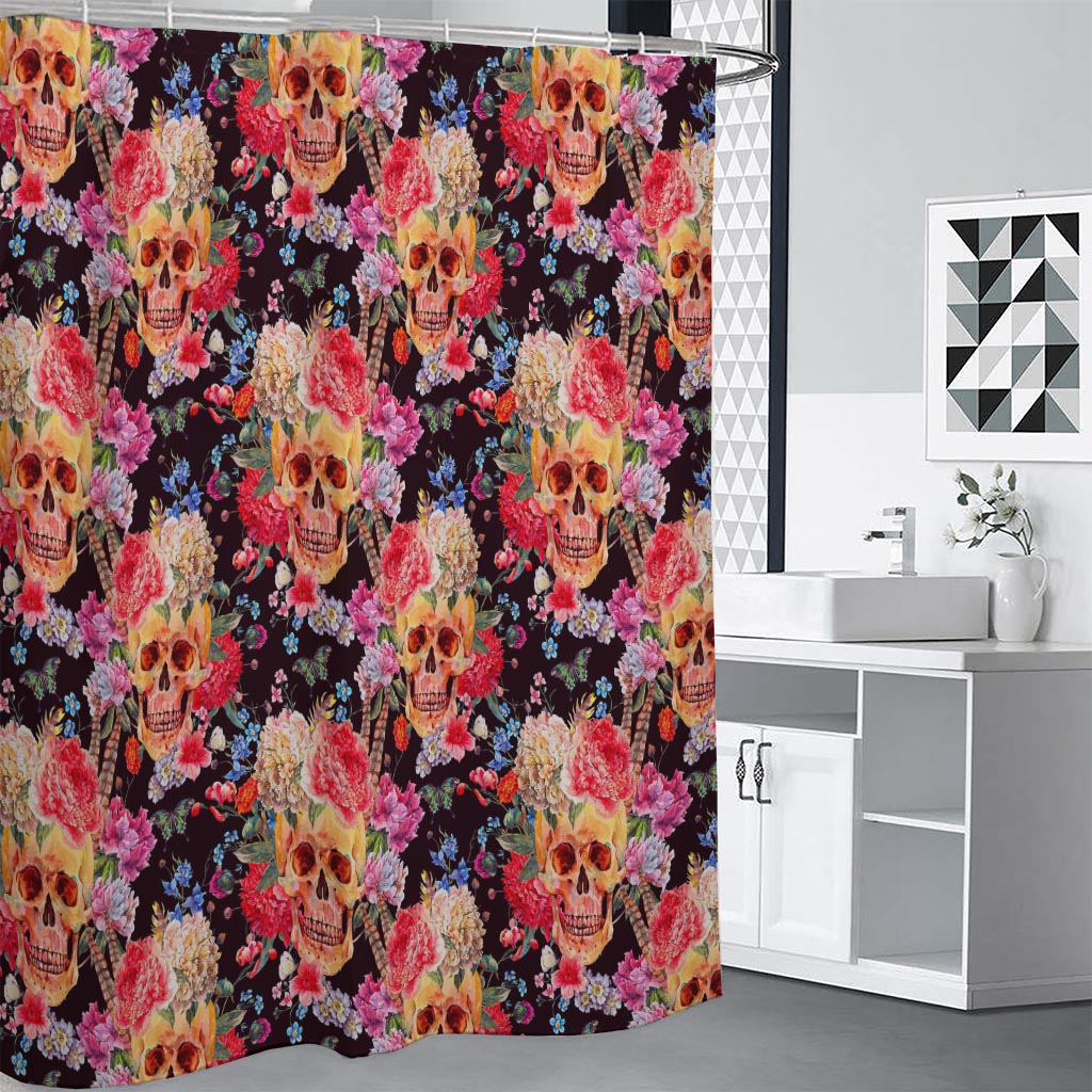 Blossom Peony Skull Pattern Print Shower Curtain
