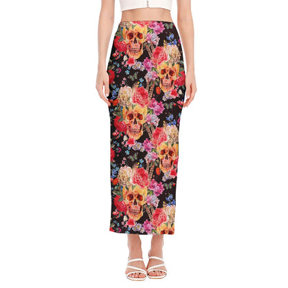 Blossom Peony Skull Pattern Print Side Slit Maxi Skirt