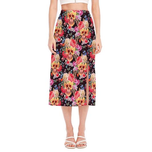 Blossom Peony Skull Pattern Print Side Slit Midi Skirt