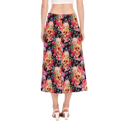 Blossom Peony Skull Pattern Print Side Slit Midi Skirt
