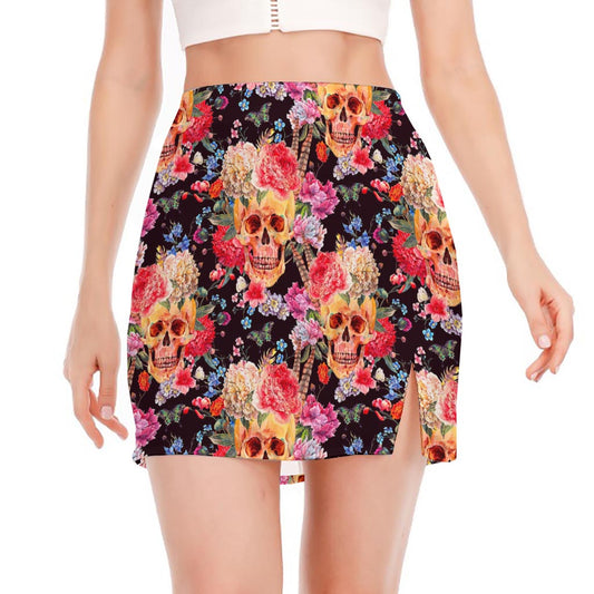 Blossom Peony Skull Pattern Print Side Slit Mini Skirt
