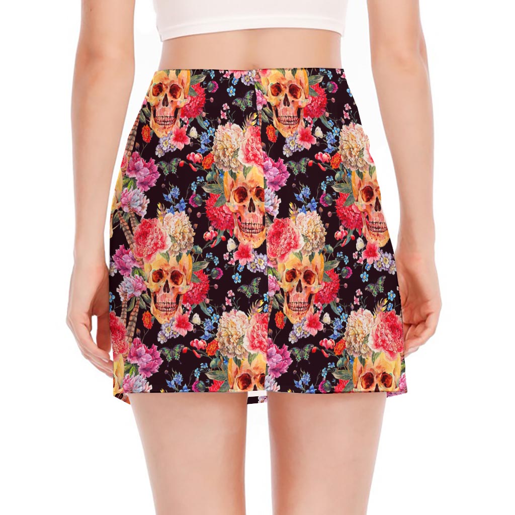 Blossom Peony Skull Pattern Print Side Slit Mini Skirt