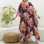 Blossom Peony Skull Pattern Print Silk V-Neck Kaftan Dress