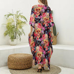 Blossom Peony Skull Pattern Print Silk V-Neck Kaftan Dress