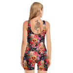 Blossom Peony Skull Pattern Print Sleeveless One Piece Swimsuit