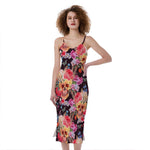 Blossom Peony Skull Pattern Print Slim Fit Midi Cami Dress