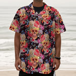 Blossom Peony Skull Pattern Print Textured Short Sleeve Shirt