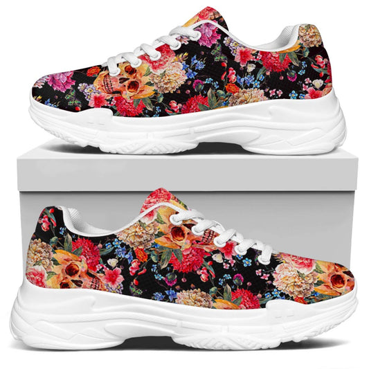 Blossom Peony Skull Pattern Print White Chunky Shoes