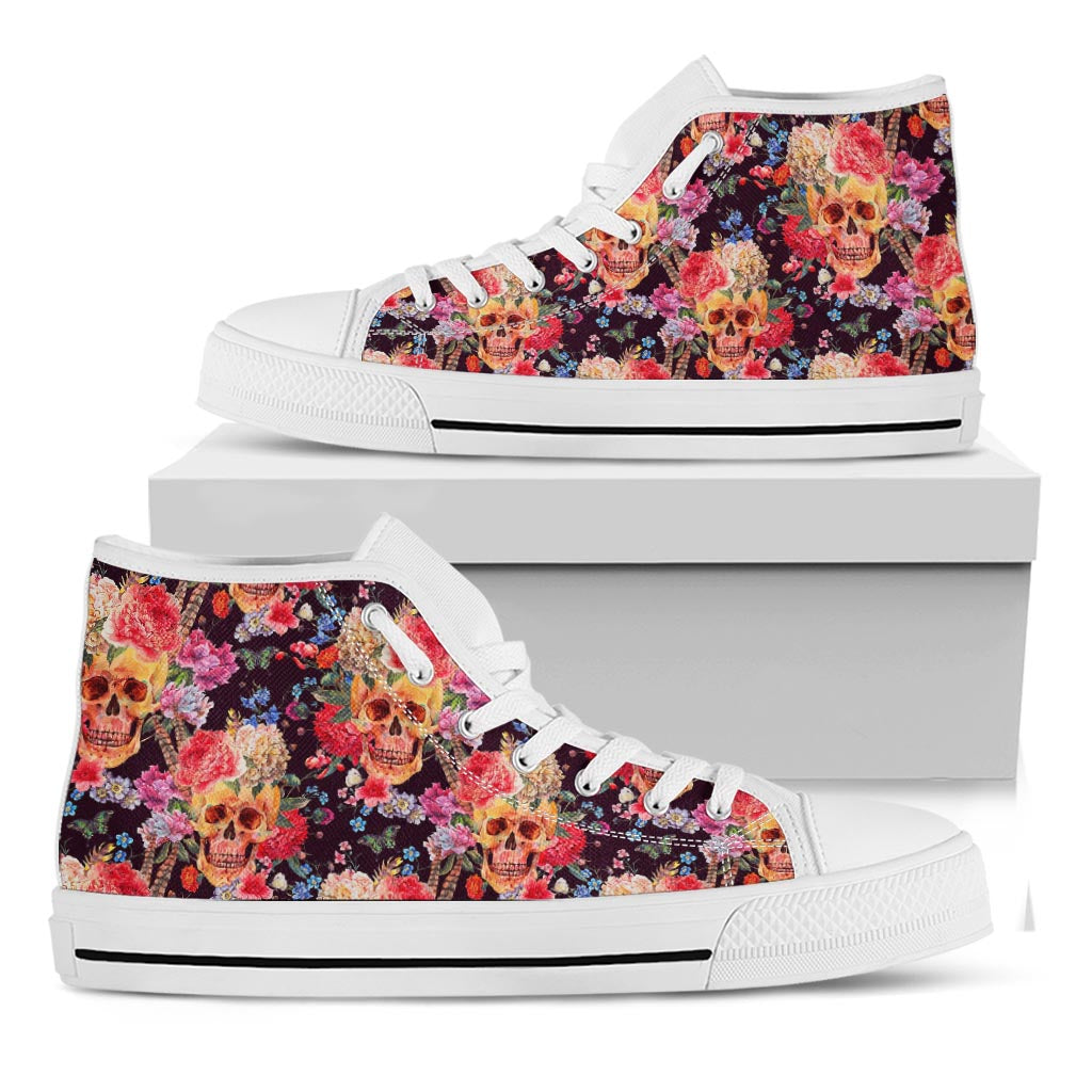 Blossom Peony Skull Pattern Print White High Top Sneakers