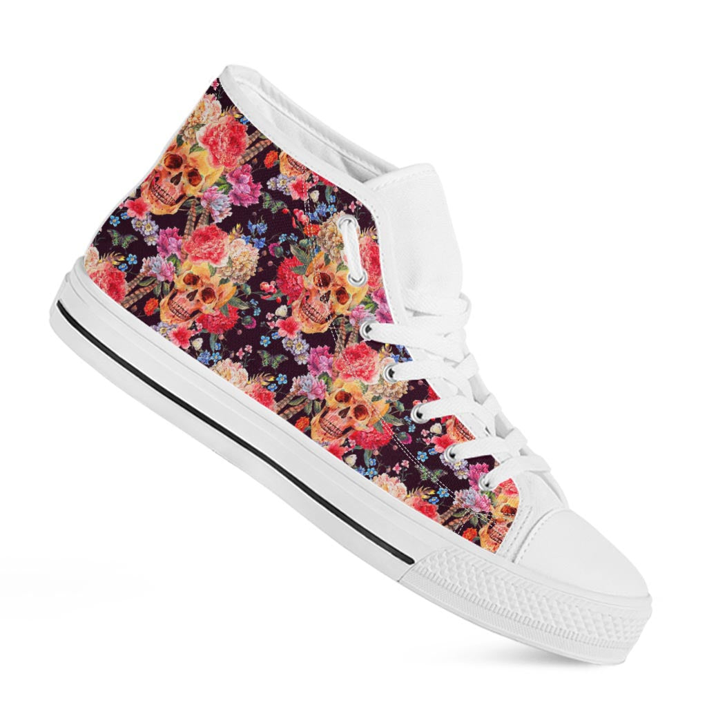 Blossom Peony Skull Pattern Print White High Top Sneakers