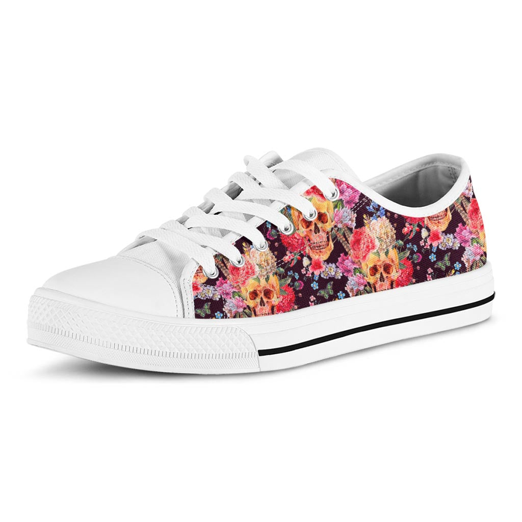 Blossom Peony Skull Pattern Print White Low Top Sneakers